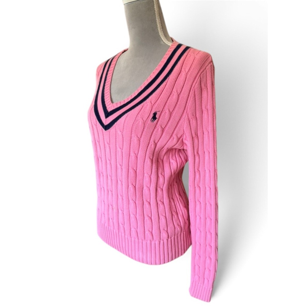 Vtg Ralph Lauren Sport Cable Knit Pink Cotton Navy Sweater Ivy League‎ Stripe L
